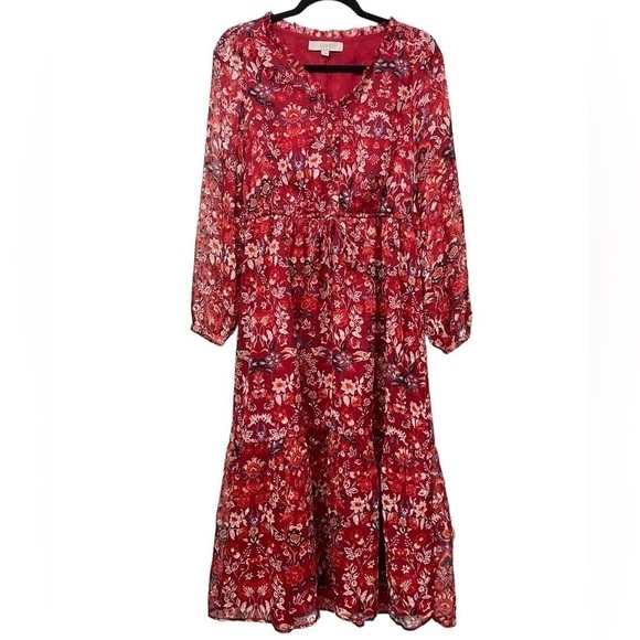 LOFT Red Floral Clip V-Neck Midi Dress - Picture 6 of 10